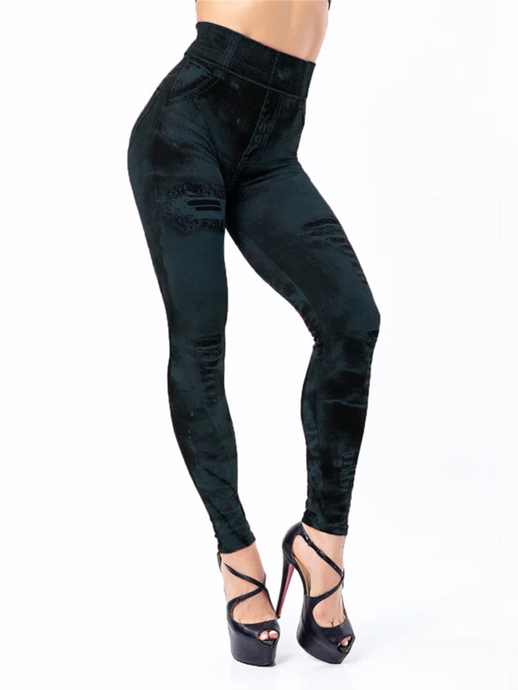 Guangdong Womens Imitation Jeans Stretch Leggings For HighIntensity Fitness Streetwear