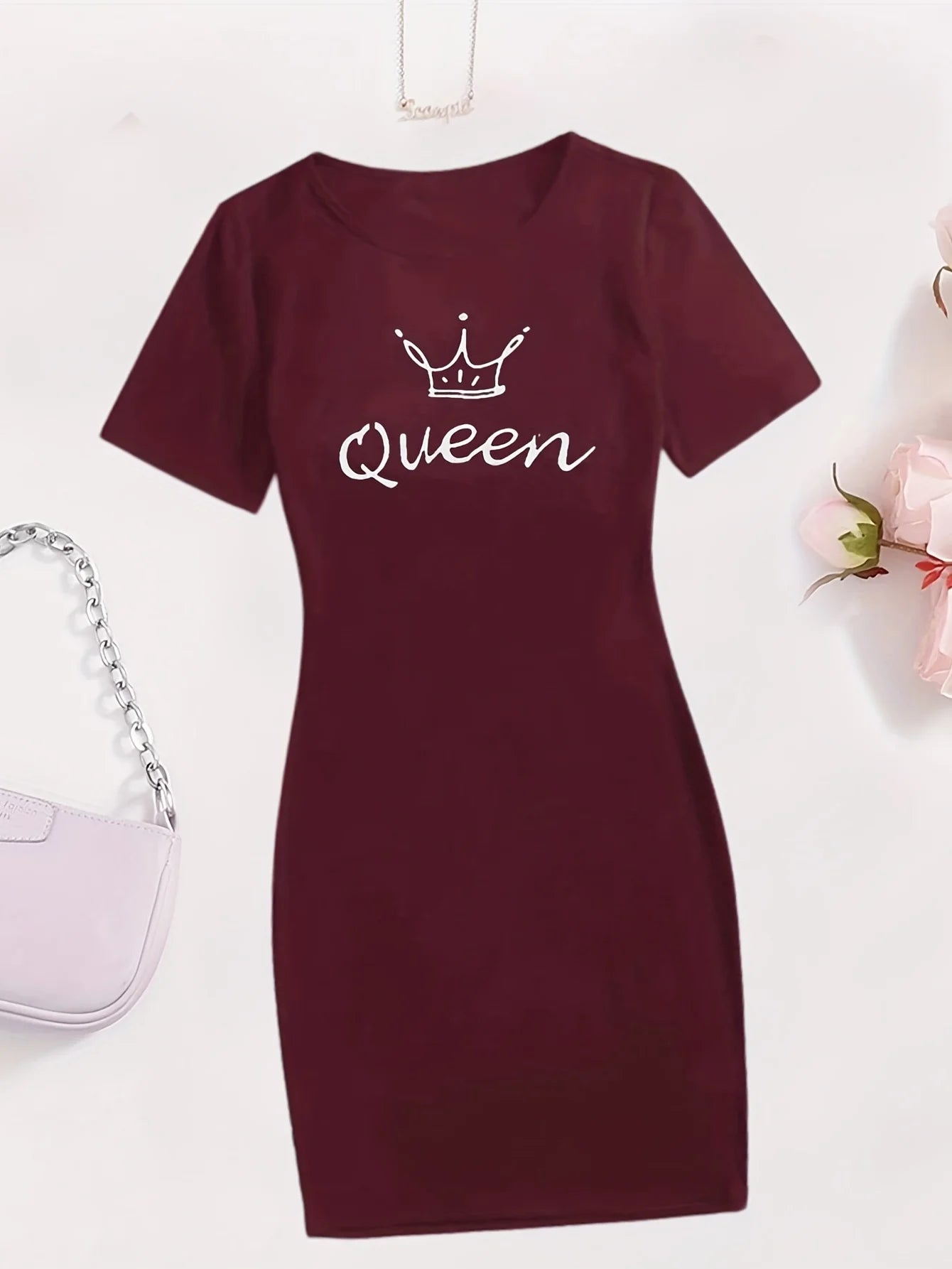 2024 Hot sales Queen Print Casual Loungewear Tee Dress, Summer Short Sleeve Casual Nightdress, Women's Clothing