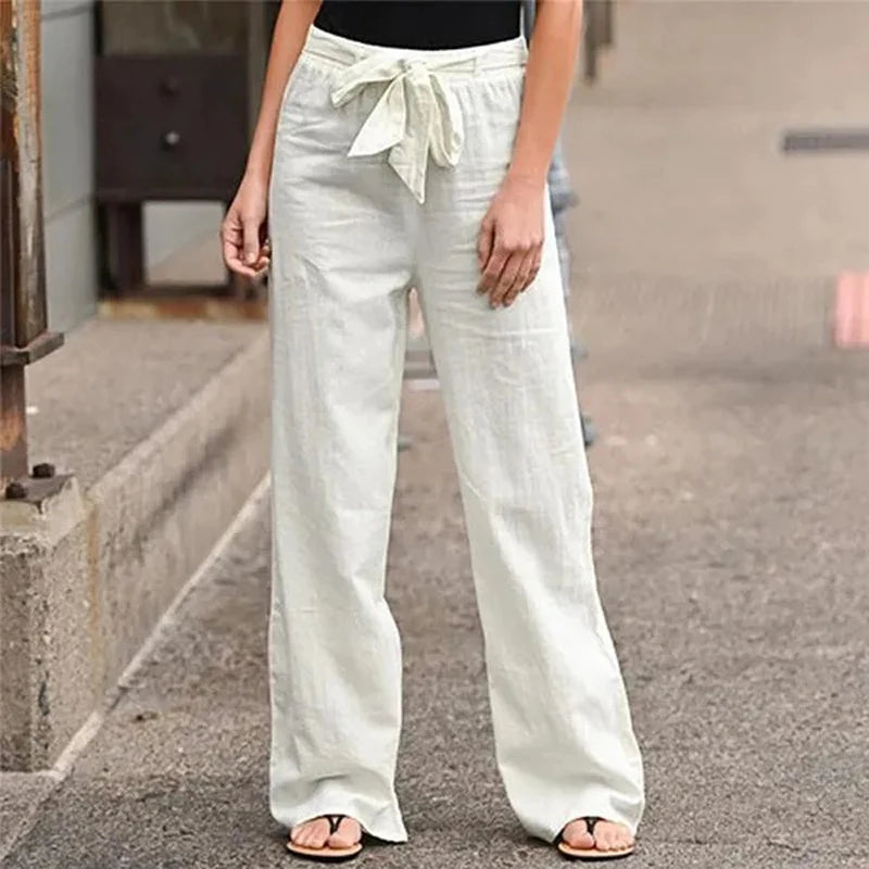 2024 Women Cotton Linen Pants Summer Fashion Elastic Waist Loose Straight Pants Female Casual Solid Color Ankle-length Trousers