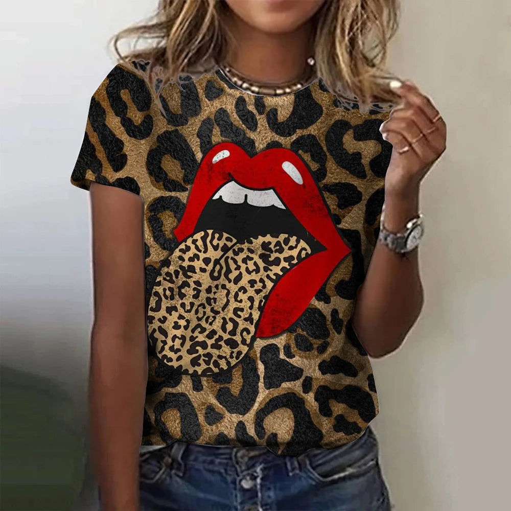 Sexy Leopard Heart 3D Print T-Shirts Women Fashion Round-Neck Casual Short Sleeve T Shirt Harajuku Top Y2k Tees Female Clothing