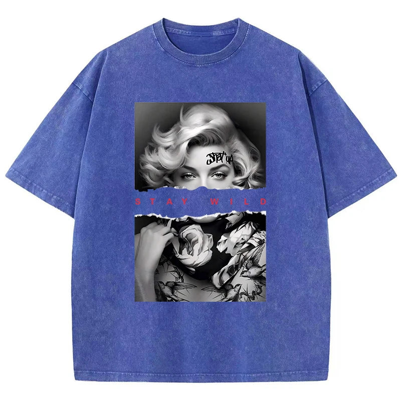 Woman Cotton Washed T-Shirts All-Math Loose O-Neck Short Sleeve European Style Fashion Portrait Print Tops Summer Female Clothes