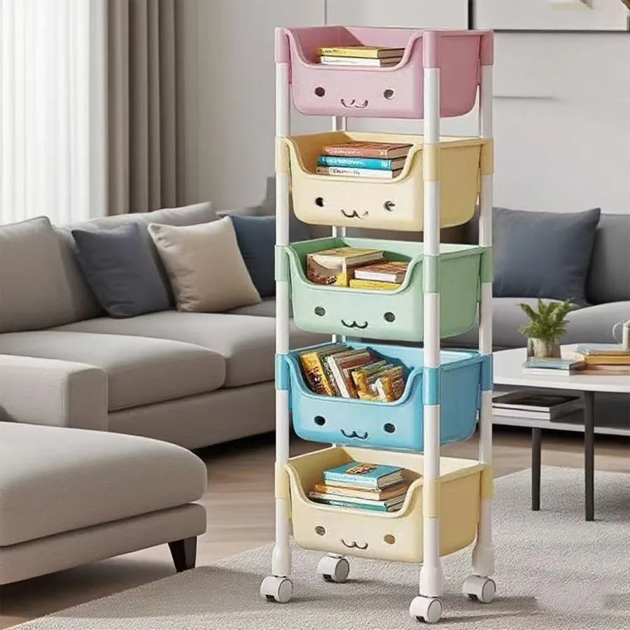 Hign-Concerned 5 Tier Cartoon Rolling Storage Rack Books