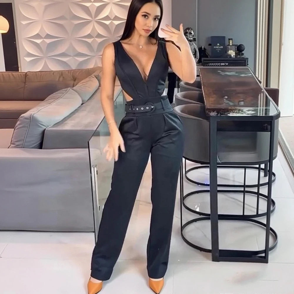 Wefads Sexy Women Jumpsuit Women Sleeveless Deep v-Neck Solid Black Sexy Jumpsuit Women Summer Casual Slim Lady Streetwear
