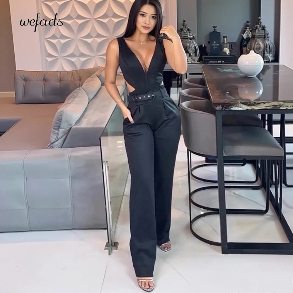 Wefads Sexy Women Jumpsuit Women Sleeveless Deep v-Neck Solid Black Sexy Jumpsuit Women Summer Casual Slim Lady Streetwear