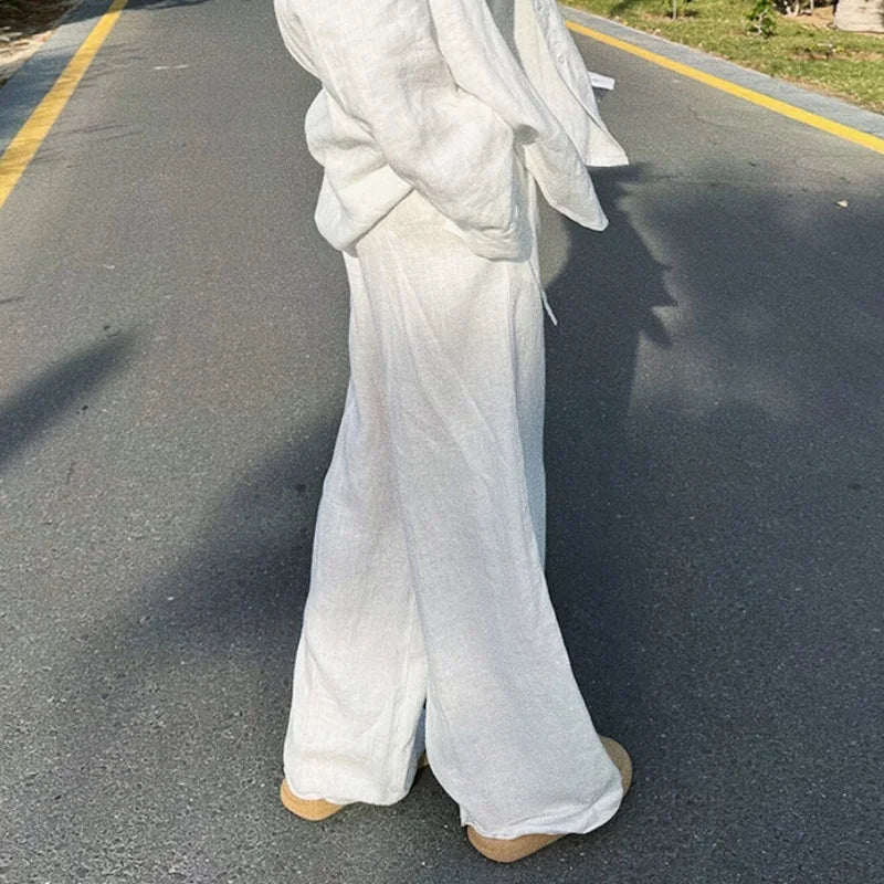 Elegant Cotton Linen Baggy Pants Fashion Women High Waist Drawstring Pocket Loose Wide Leg Pant Casual Streetwear New Trousers