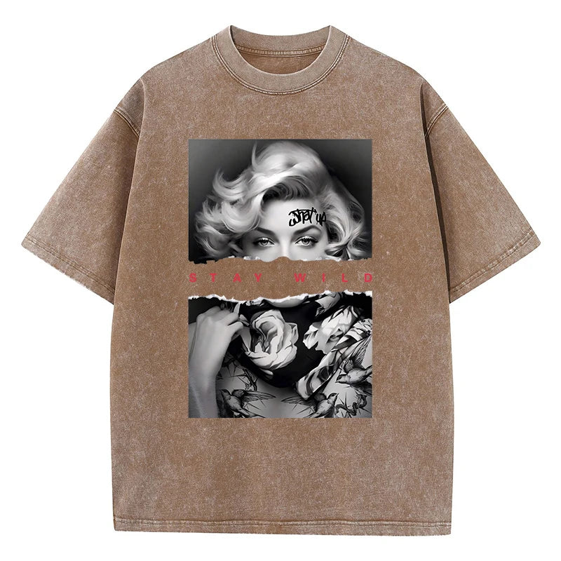 Woman Cotton Washed T-Shirts All-Math Loose O-Neck Short Sleeve European Style Fashion Portrait Print Tops Summer Female Clothes