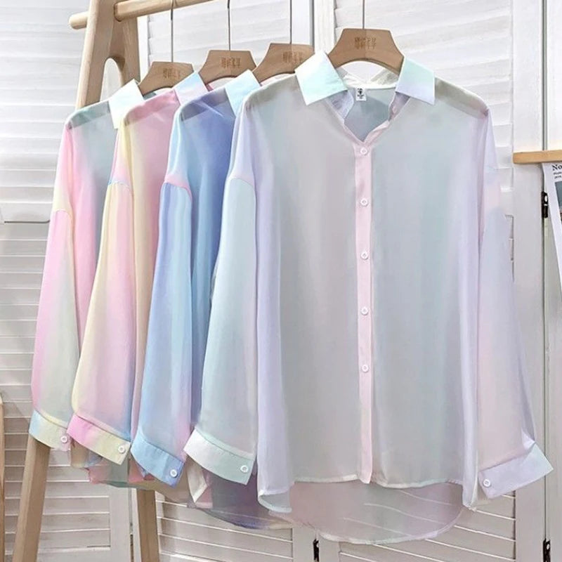 Irregular Gradient Rainbow Long Sleeved Shirt And Blouses Thin Youthful Women's Clothing Loose Top Pink Casual Transparent New