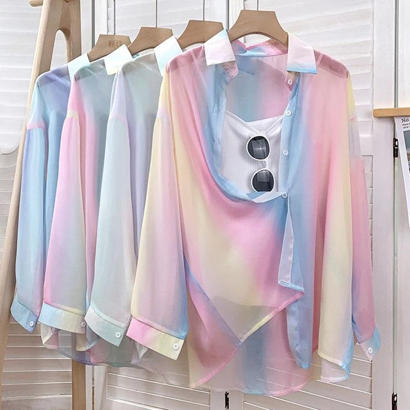 Irregular Gradient Rainbow Long Sleeved Shirt And Blouses Thin Youthful Women's Clothing Loose Top Pink Casual Transparent New