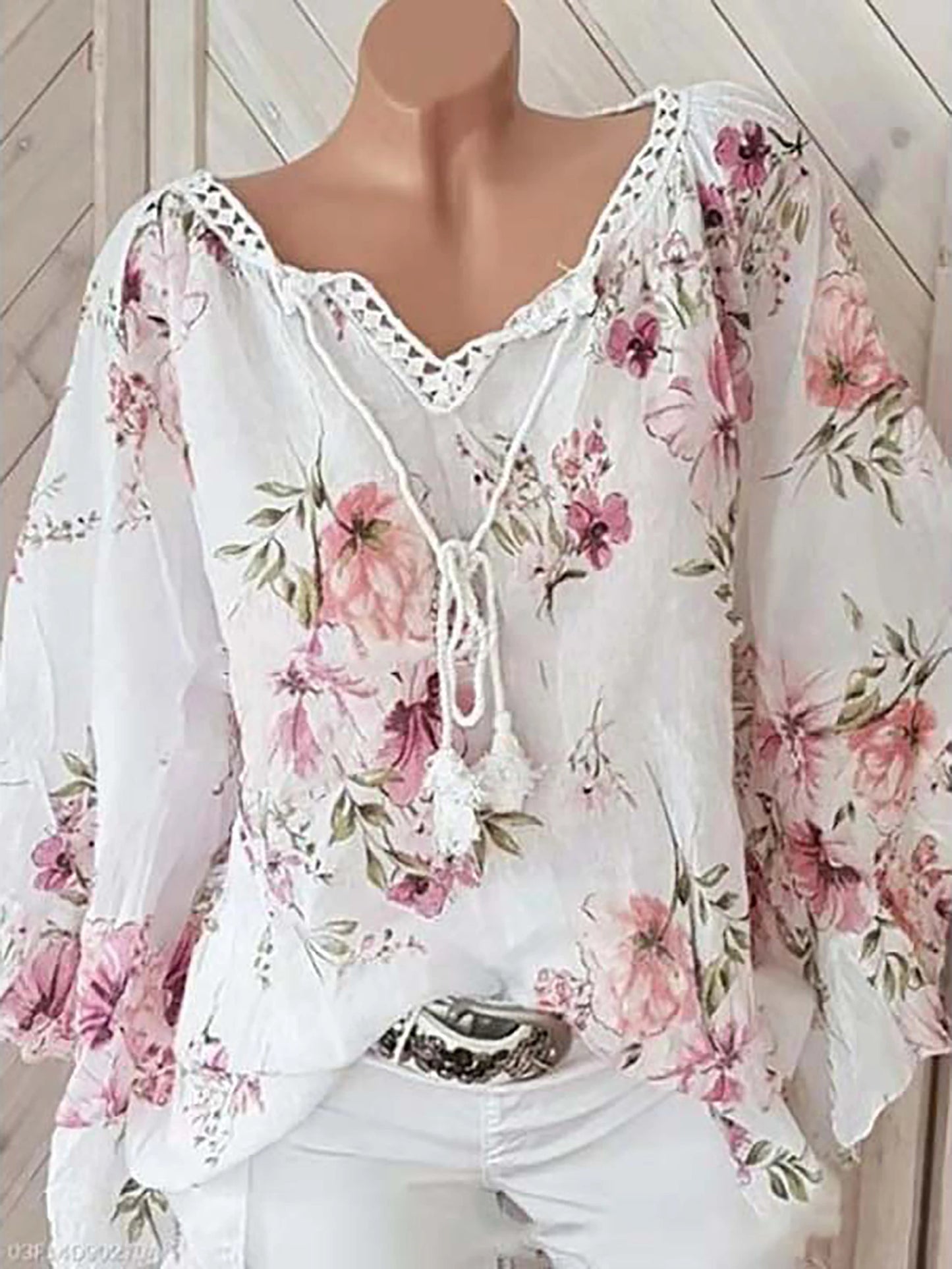 2024 Europe and the United States spring and summer new women's top V-neck splicing print large size long-sleeved shirt women