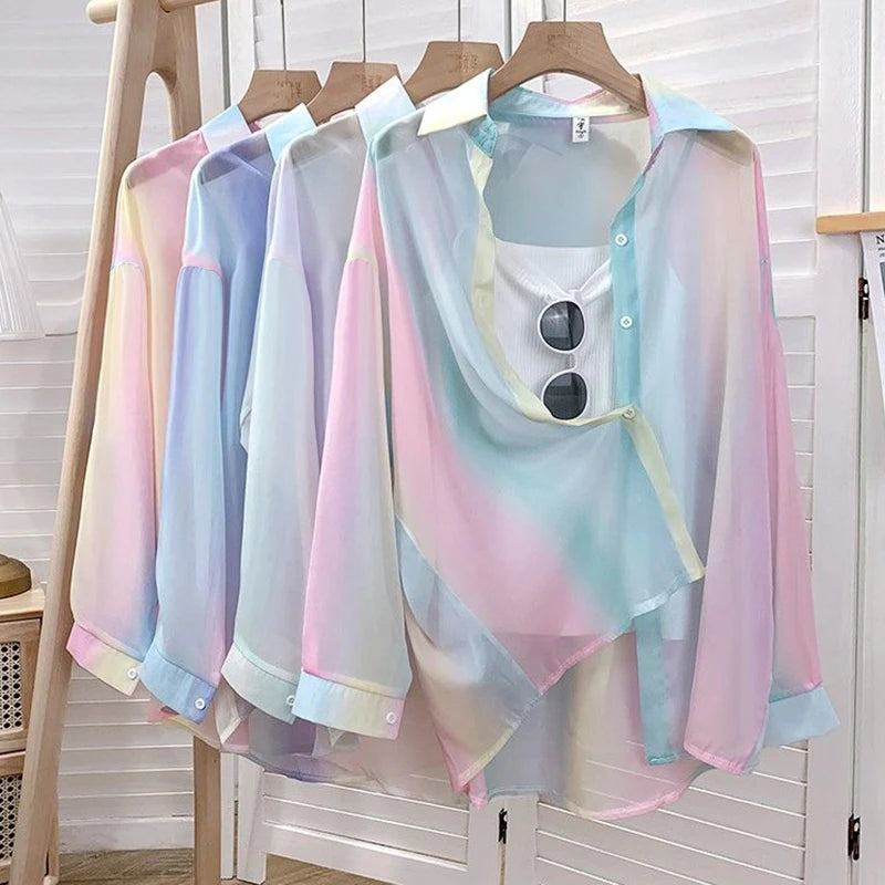 Irregular Gradient Rainbow Long Sleeved Shirt And Blouses Thin Youthful Women's Clothing Loose Top Pink Casual Transparent New