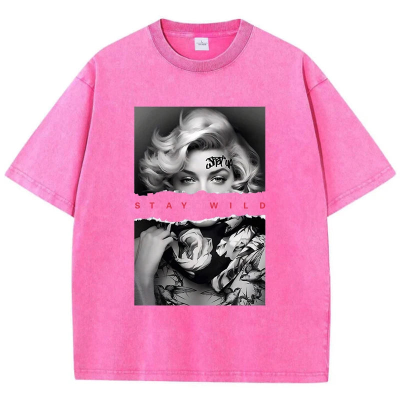 Woman Cotton Washed T-Shirts All-Math Loose O-Neck Short Sleeve European Style Fashion Portrait Print Tops Summer Female Clothes