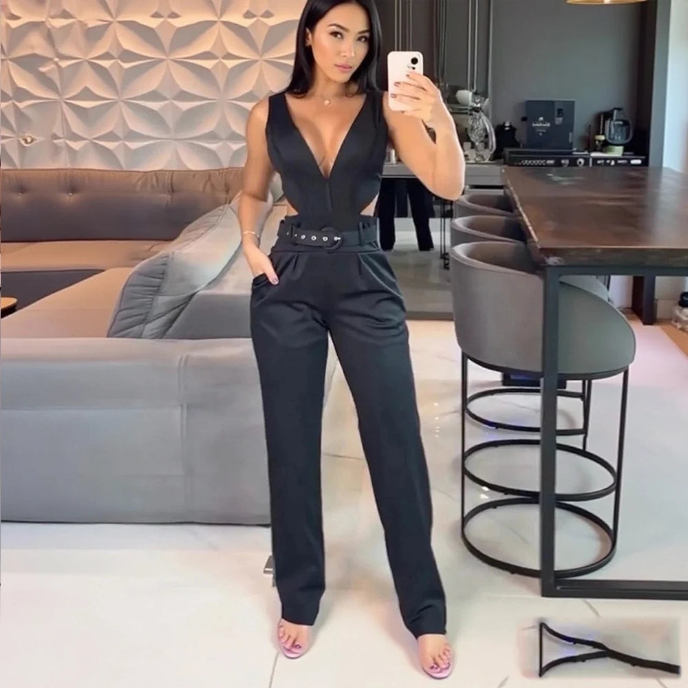Wefads Sexy Women Jumpsuit Women Sleeveless Deep v-Neck Solid Black Sexy Jumpsuit Women Summer Casual Slim Lady Streetwear
