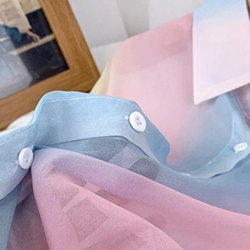 Irregular Gradient Rainbow Long Sleeved Shirt And Blouses Thin Youthful Women's Clothing Loose Top Pink Casual Transparent New