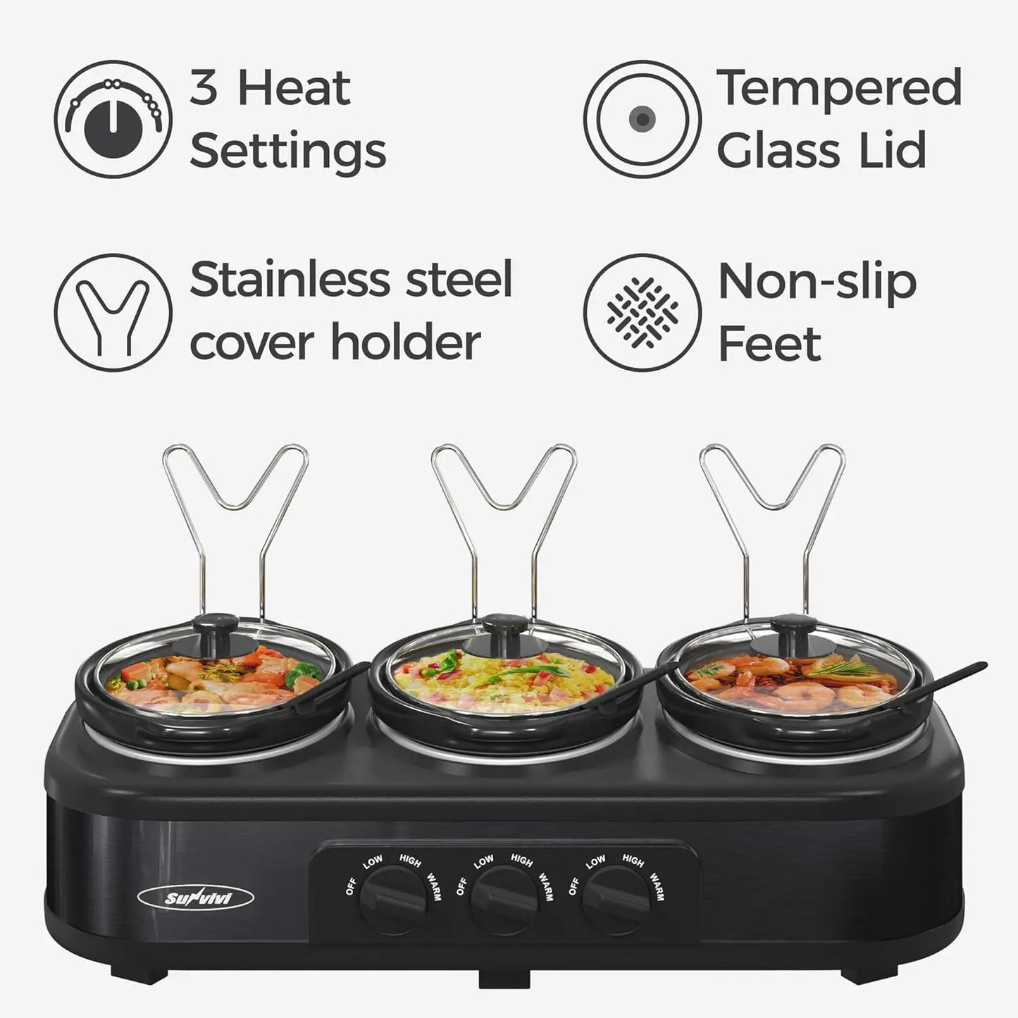 Triple Slow Cooker Buffet Servers and Warmer,3 Pot Food Small Mini Manual Slow Cooker with Adjustable Temp Stainless Steel Lid R