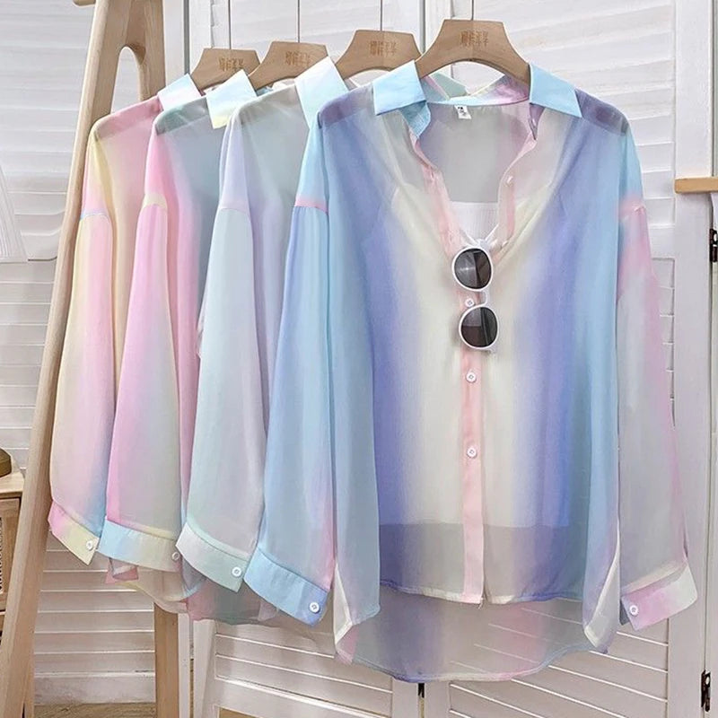 Irregular Gradient Rainbow Long Sleeved Shirt And Blouses Thin Youthful Women's Clothing Loose Top Pink Casual Transparent New