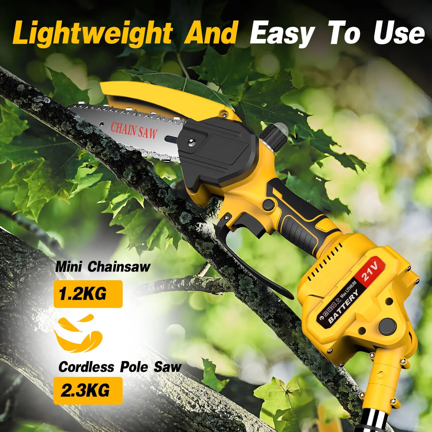 Portable Cordless Pole Saw & Mini Chainsaw 2-in-1, 21V Battery Powered With 2×Batteries, Electric Pole Saw For Tree Trimming & P