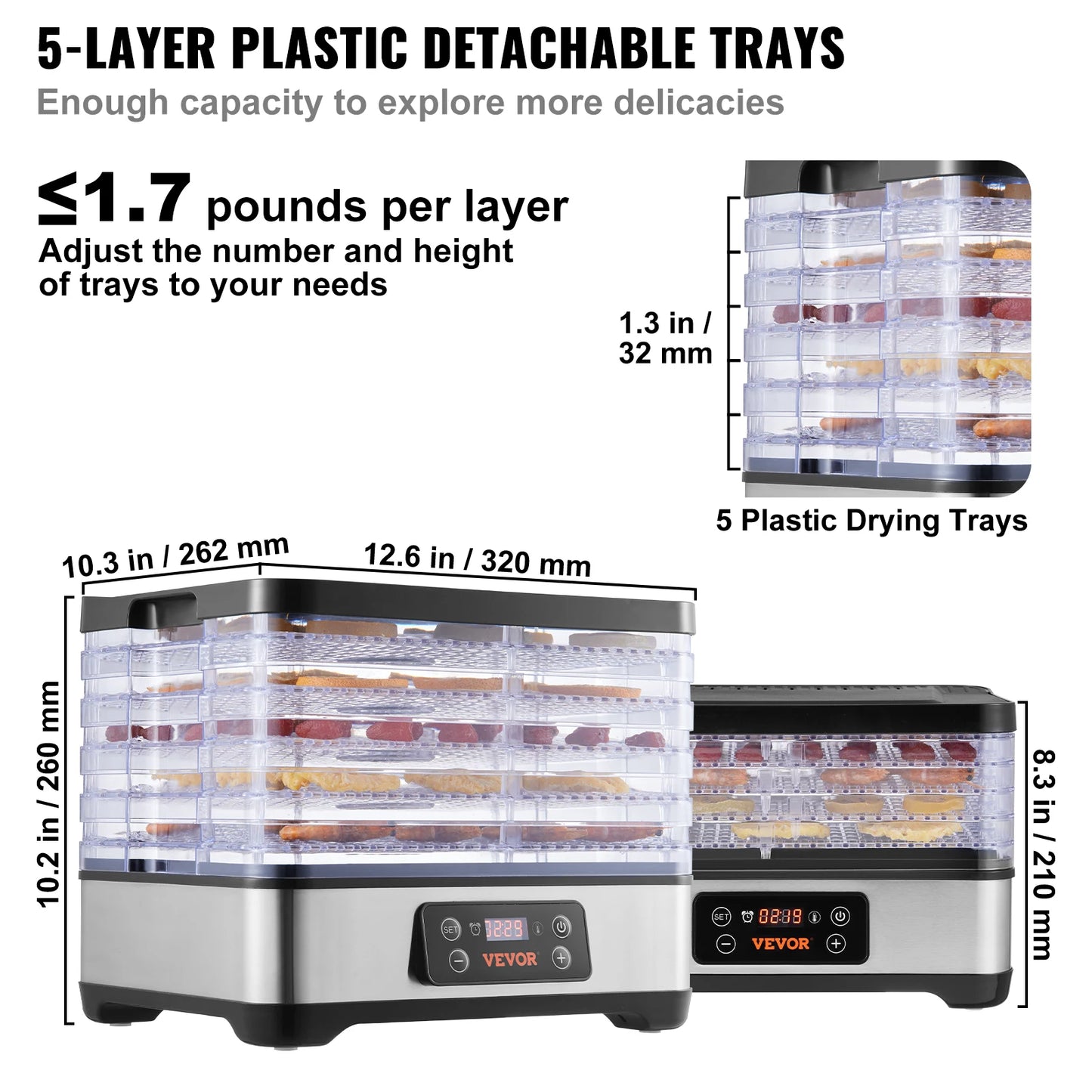 VEVOR 5 Tray Food Dehydrator Machine 300W Digital Timer