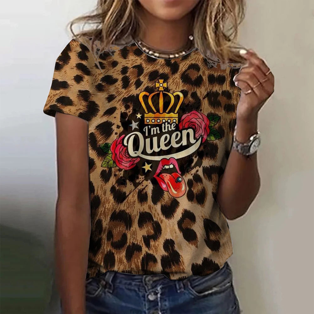 Sexy Leopard Heart 3D Print T-Shirts Women Fashion Round-Neck Casual Short Sleeve T Shirt Harajuku Top Y2k Tees Female Clothing
