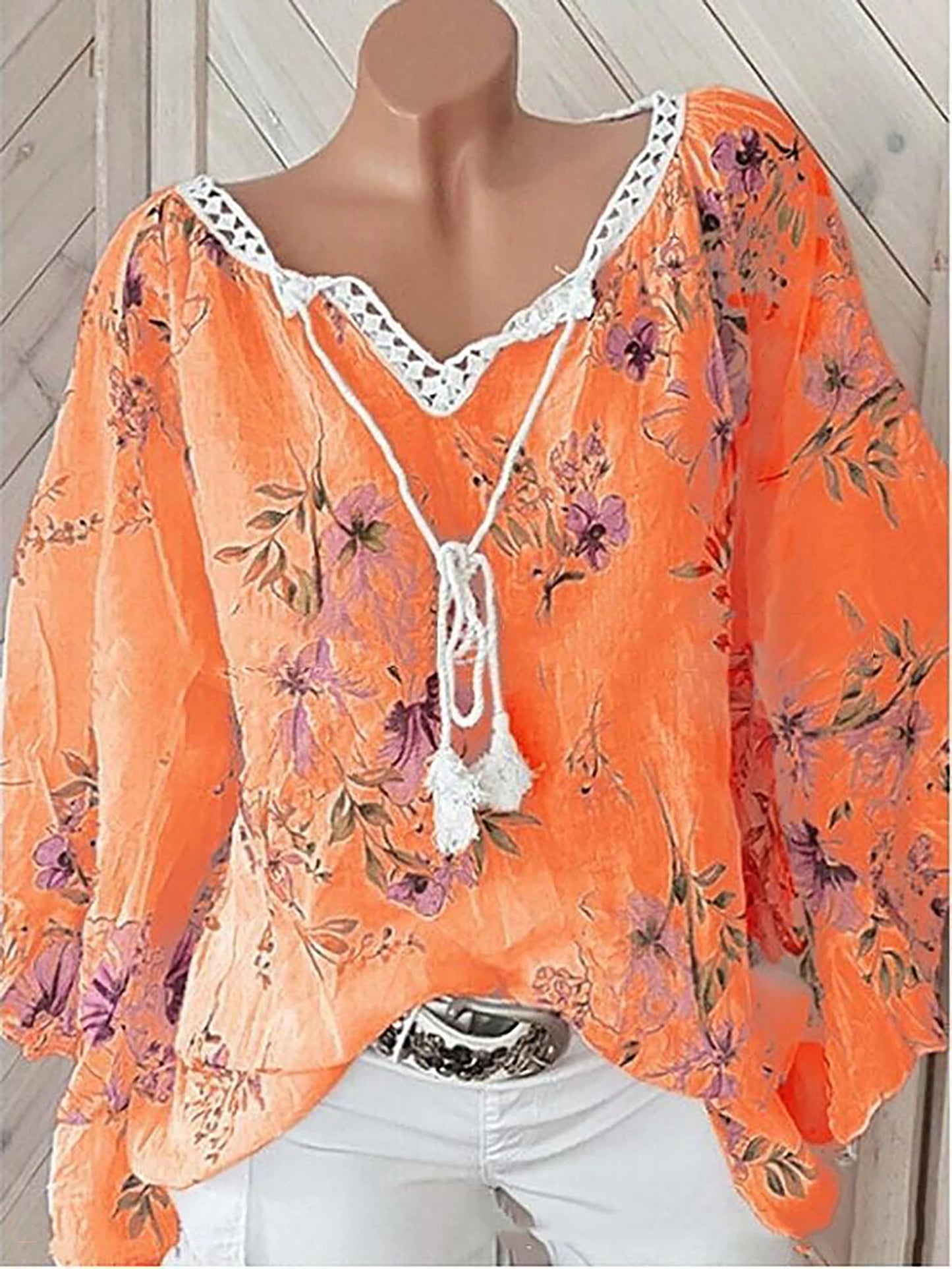 2024 Europe and the United States spring and summer new women's top V-neck splicing print large size long-sleeved shirt women