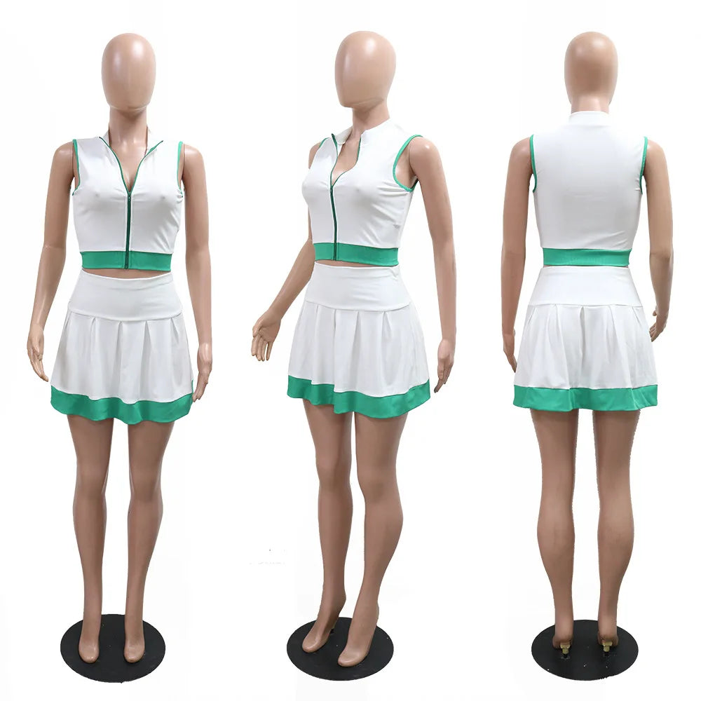 CM.YAYA Women's Set Sleeveless V-neck Vest + Pleated Skirts 2025 Summer Cute Street Beach Two 2 Piece Sets Outfits Tracksuit