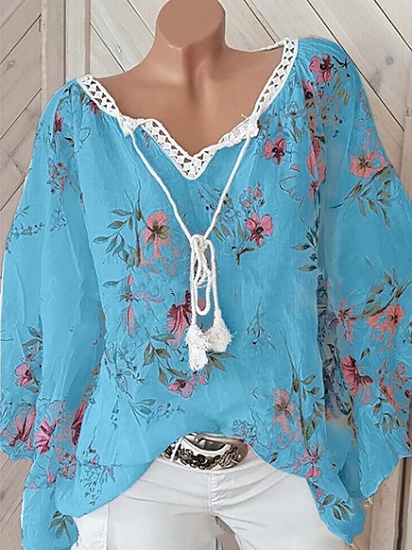 2024 Europe and the United States spring and summer new women's top V-neck splicing print large size long-sleeved shirt women