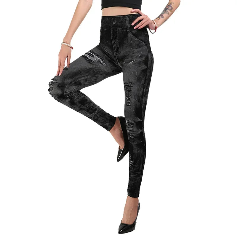 Women Imitation Jeans Stretch Leggings High Waist Push Up
