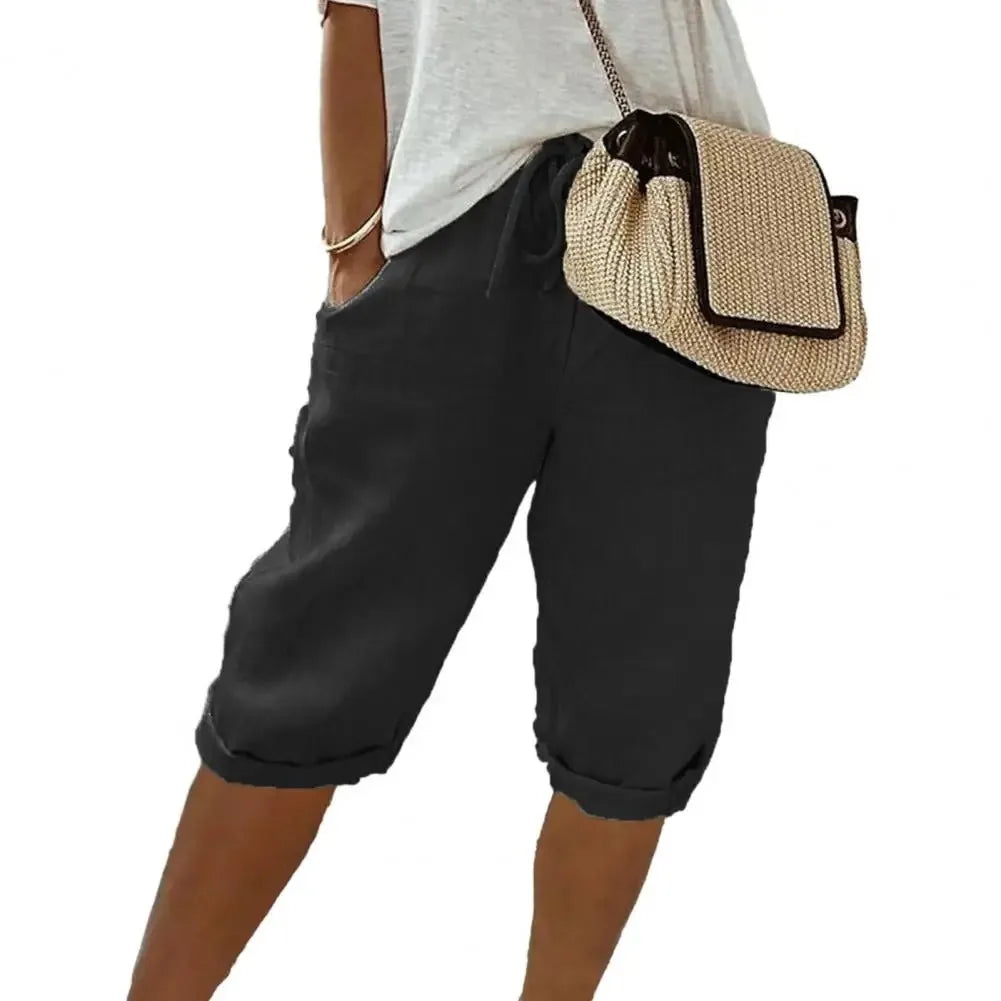 American Vintage Lace Up Cotton Linen Shorts High Waist