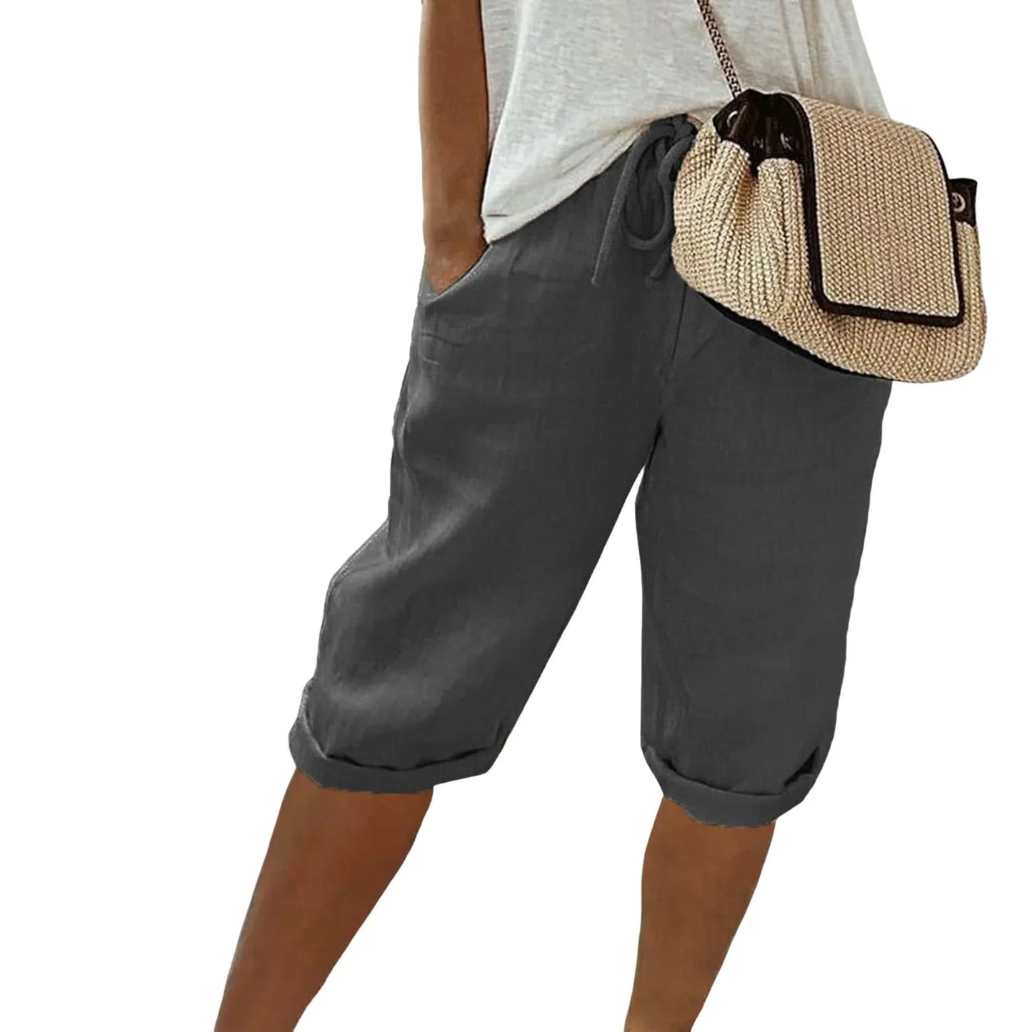 American Vintage Lace Up Cotton Linen Shorts High Waist