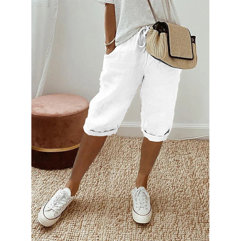 American Vintage Lace Up Cotton Linen Shorts High Waist