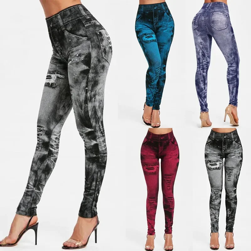 Women Imitation Jeans Stretch Leggings High Waist Push Up