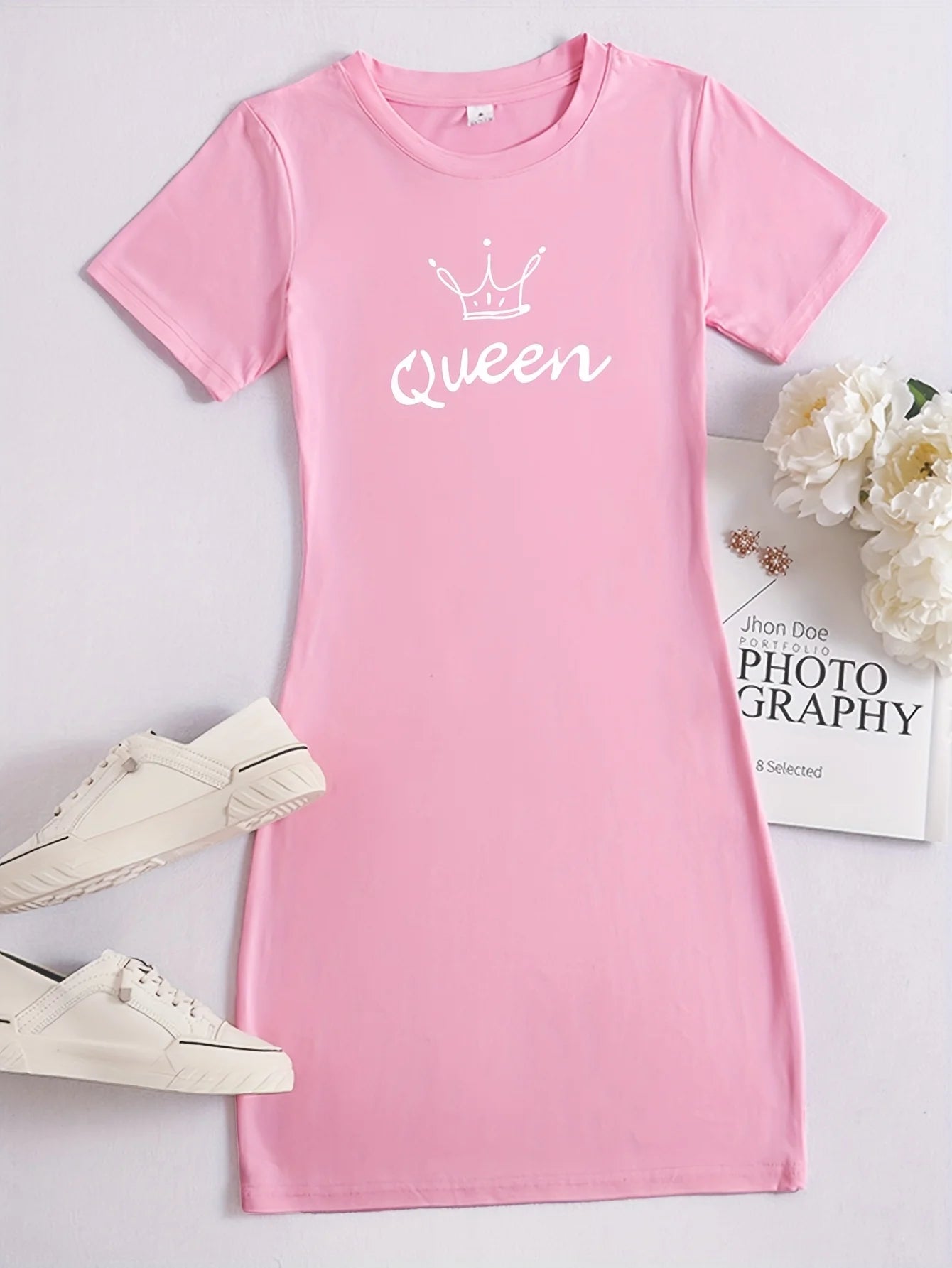 2024 Hot sales Queen Print Casual Loungewear Tee Dress, Summer Short Sleeve Casual Nightdress, Women's Clothing