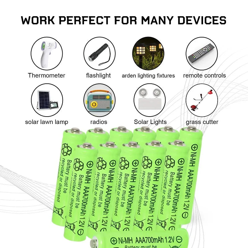 AAA Rechargeable Batteries Set 700mAh 1.2V Ni-MH Triple A Batteries High Capacity for Garden Landscaping Outdoor Solar Lights
