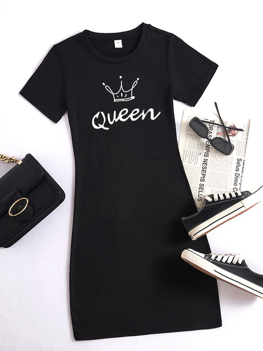 2024 Hot sales Queen Print Casual Loungewear Tee Dress, Summer Short Sleeve Casual Nightdress, Women's Clothing