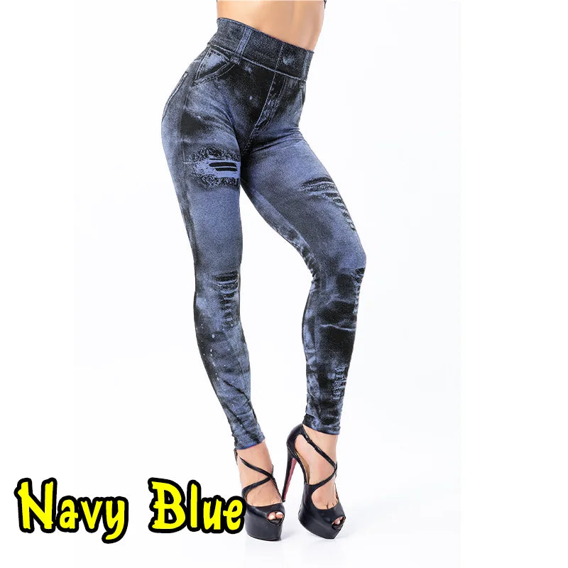 CN Women Imitation Jeans Stretch Leggings Push Up Slim