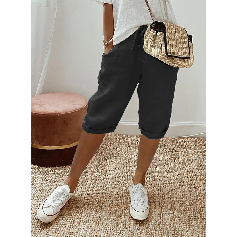 American Vintage Lace Up Cotton Linen Shorts High Waist