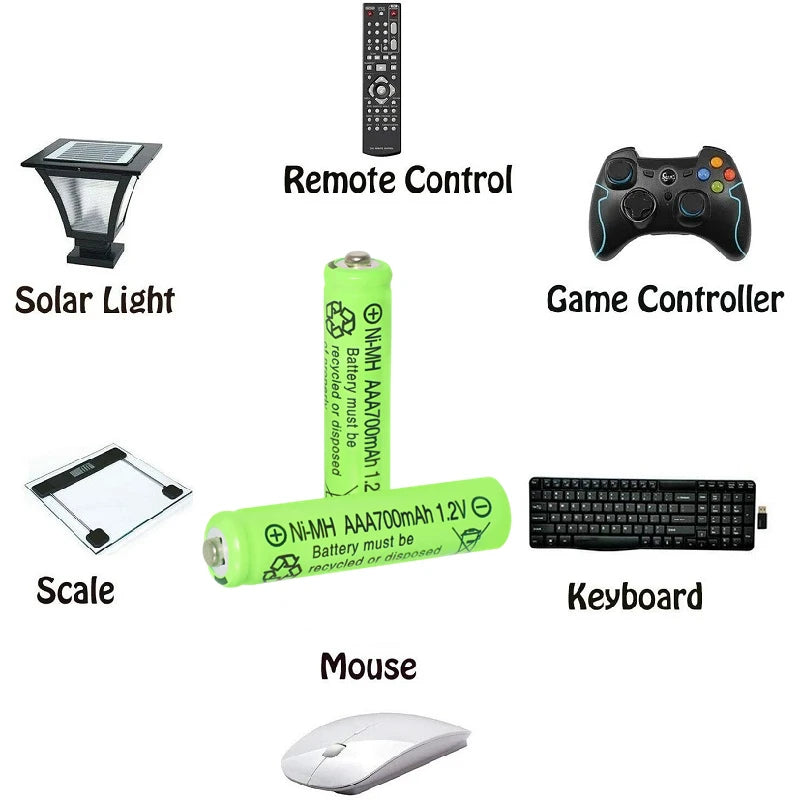 AAA Rechargeable Batteries Set 700mAh 1.2V Ni-MH Triple A Batteries High Capacity for Garden Landscaping Outdoor Solar Lights