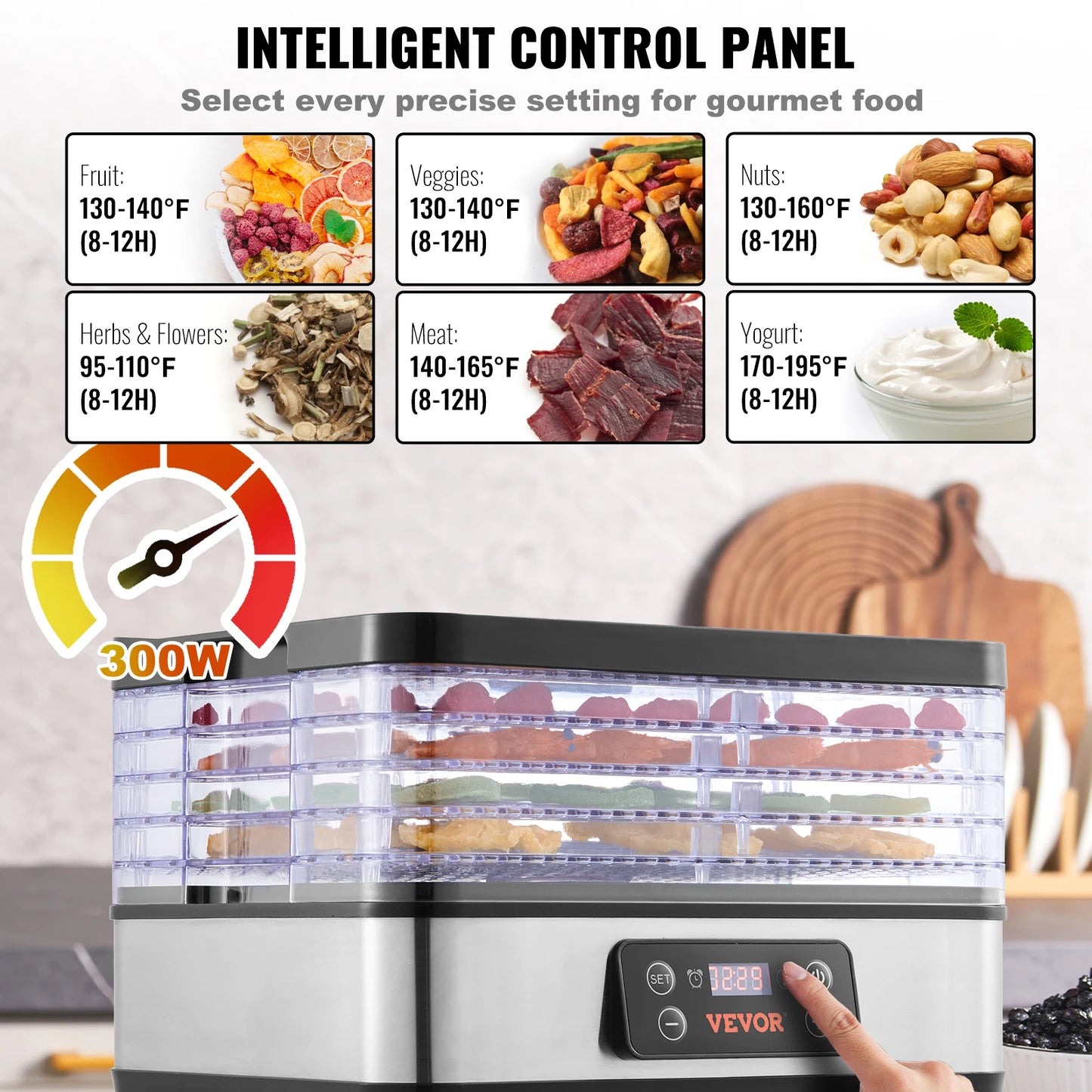 VEVOR 5 Tray Food Dehydrator Machine 300W Digital Timer