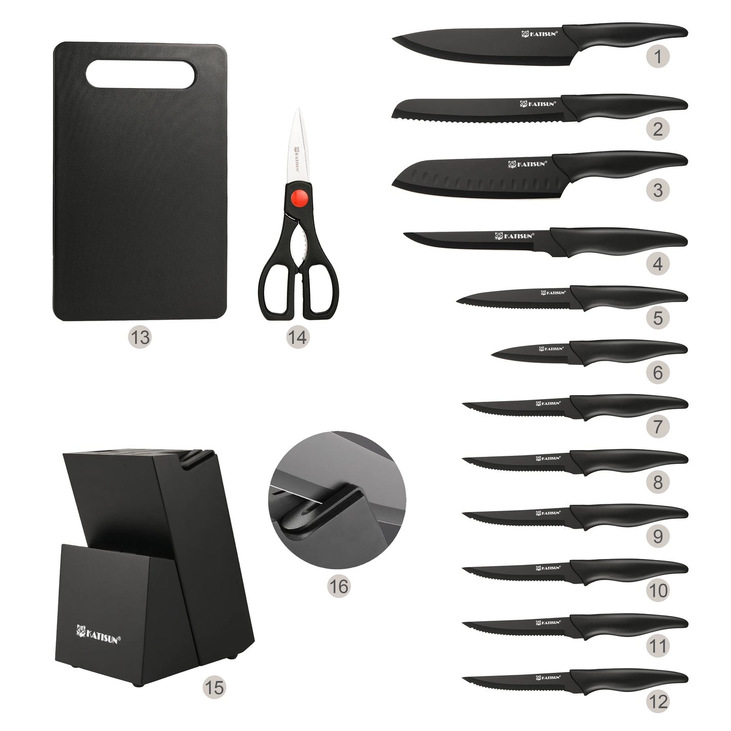 Katisun Carbon Steel Kitchen Knife Block Set With Board