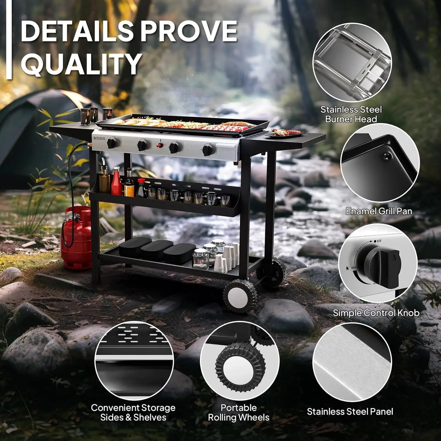 4 Burner Portable Propane Griddle with Nonstick Enameled Tray, 40000 BTU Rolling Flat Top Gas Grill with Electronic Ignition