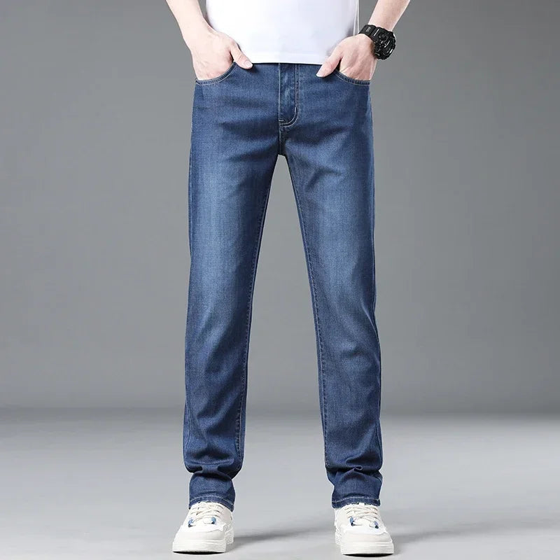 New Men's Thin Lyocell Jeans Soft Business Stretch Fashion Trousers Slim Brand Casual Elasticity Denim Pants Male Clothes