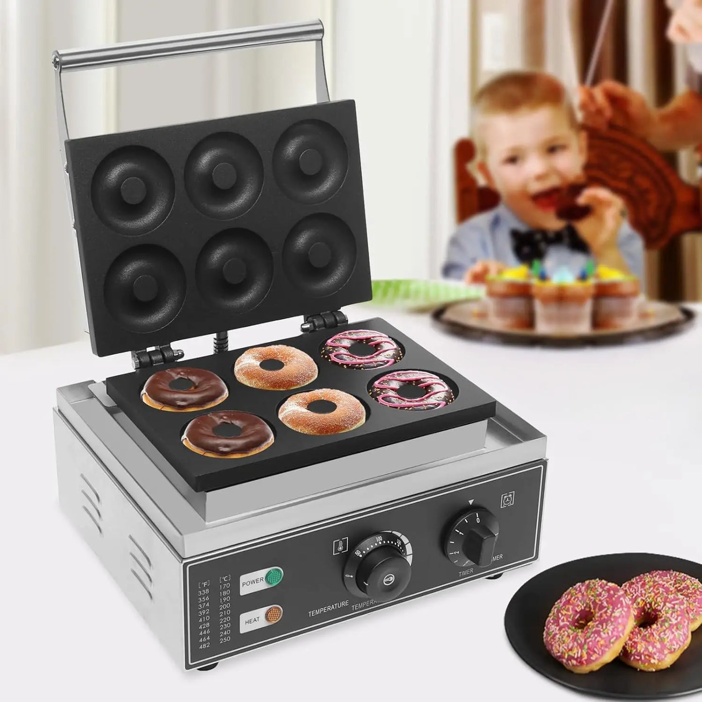 Donut Maker Machine Pancake 6Holes Double-Sided Heating Electric Doughnut Commercial Stainless Steel Non-Stick Waffle Bake With
