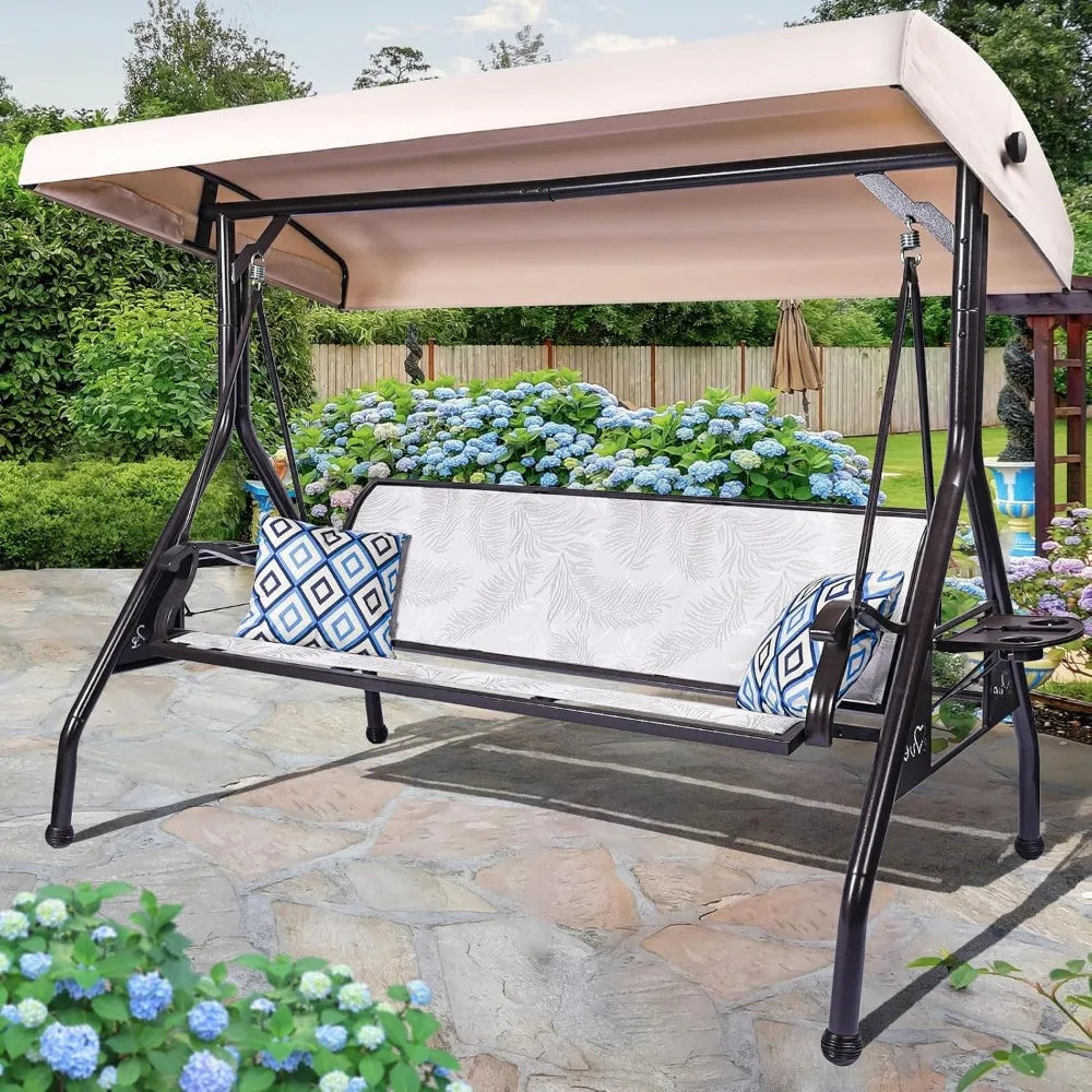 3 Person Patio Swing Outdoor Swing for Adults with Adjustable Canopy &Upgraded Cup Holders Textilene Fabric Porch Swing Chair wi