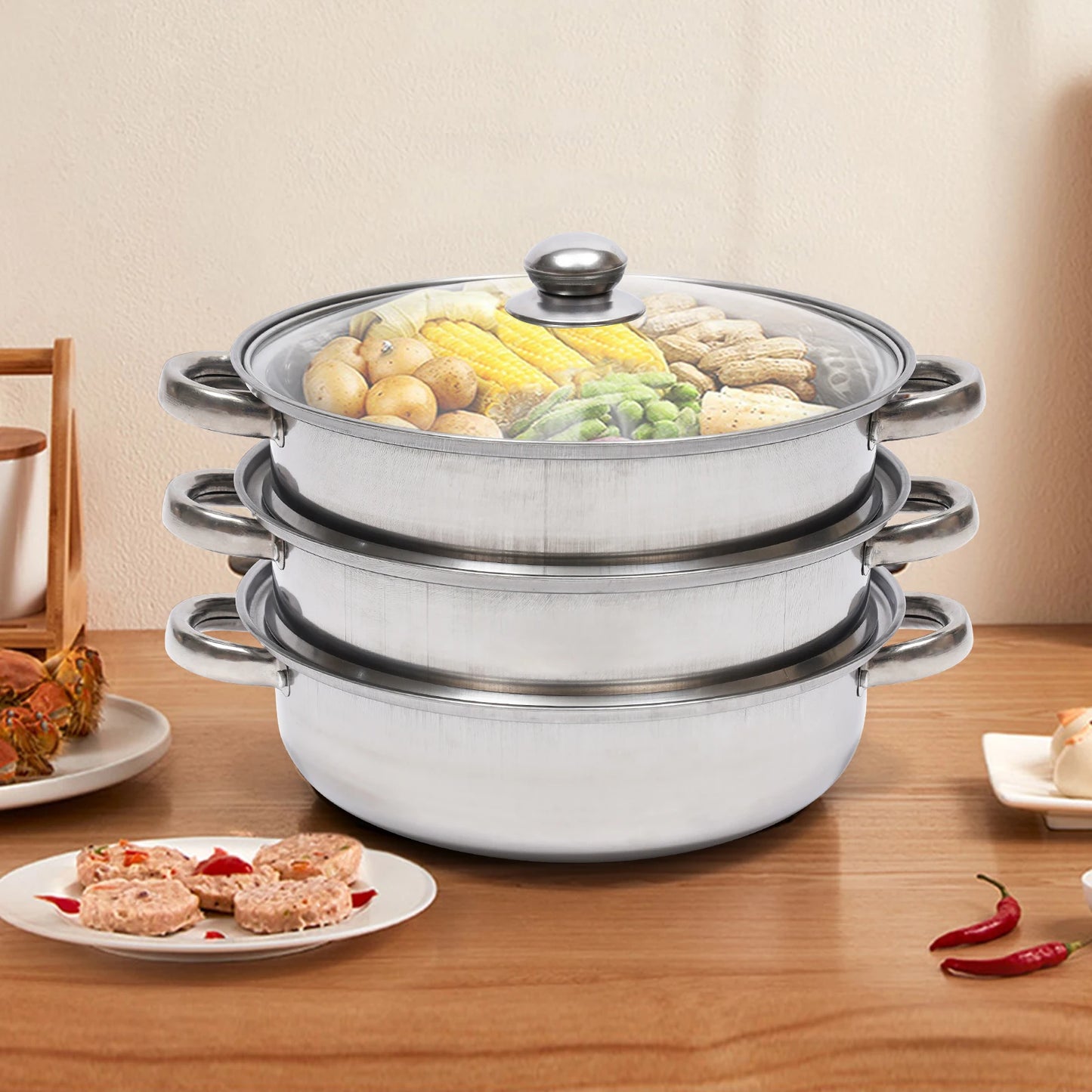 Feature Stainless Steel 3 Tier Food Steamer Pot Kitchen