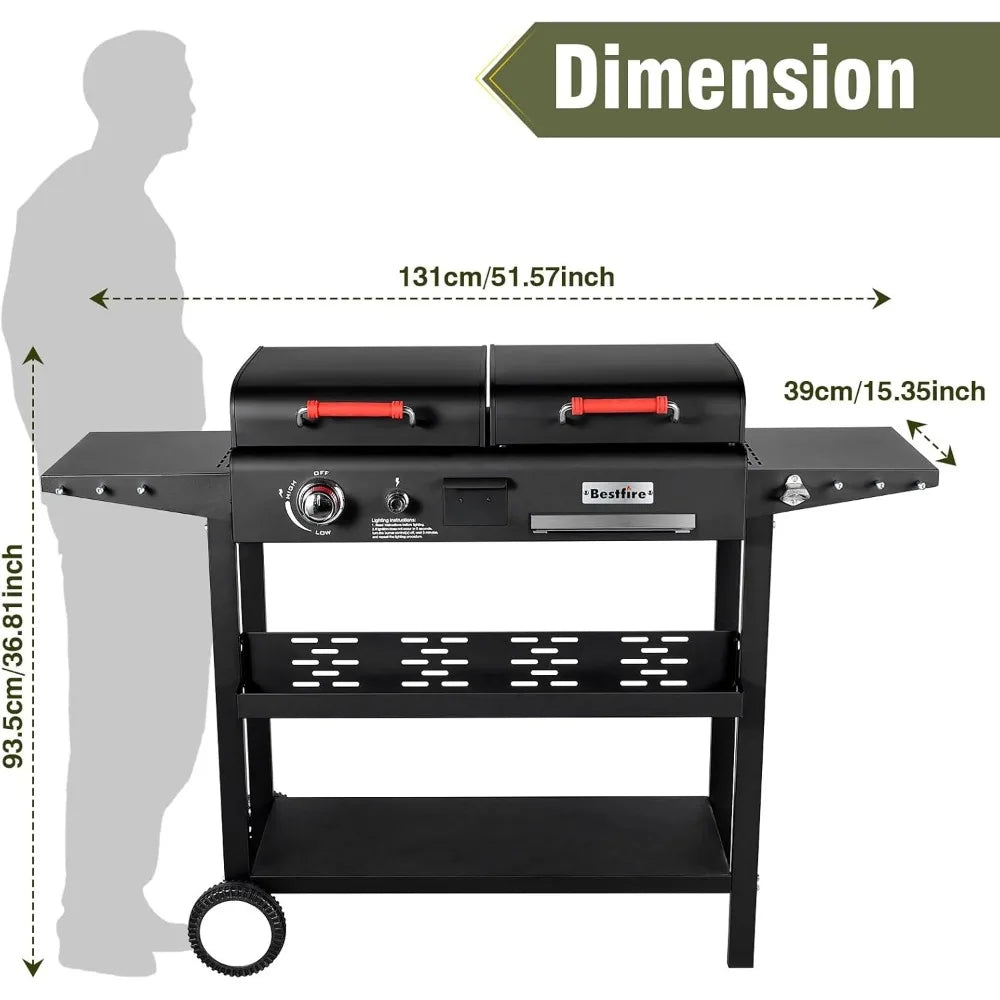 Bestfire Dual Fuel Propane Gas Charcoal Grill Combo Black Dual Lids, Flat Top Grill With 2 Side Shelves for BBQ, Outdoor and Bac