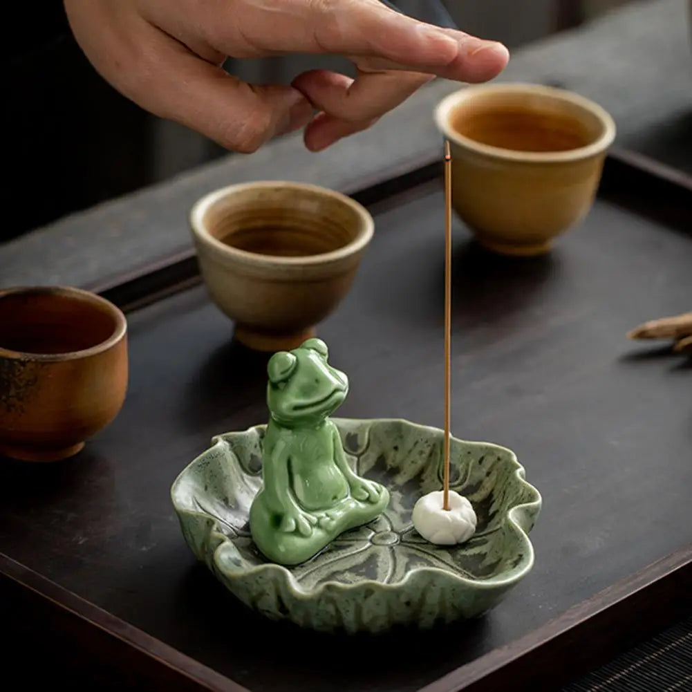 Meditation Frog Incense Stick Holder Ceramic Lotus Burner