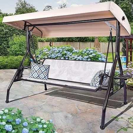 3 Person Patio Swing Outdoor Swing for Adults with Adjustable Canopy &Upgraded Cup Holders Textilene Fabric Porch Swing Chair wi