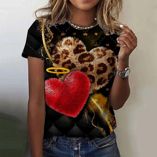 Sexy Leopard Heart 3D Print T-Shirts Women Fashion Round-Neck Casual Short Sleeve T Shirt Harajuku Top Y2k Tees Female Clothing