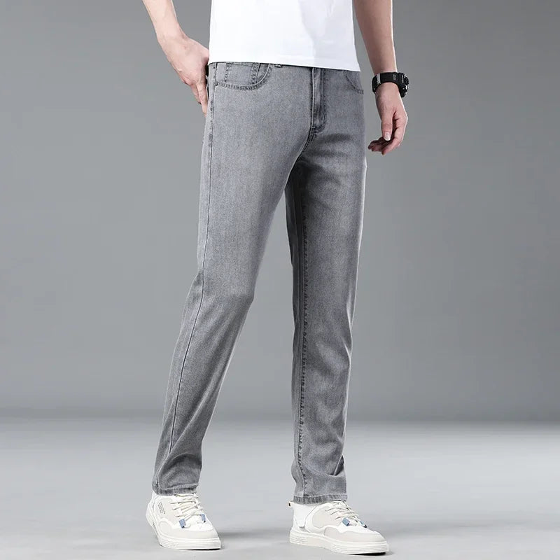 New Men's Thin Lyocell Jeans Soft Business Stretch Fashion Trousers Slim Brand Casual Elasticity Denim Pants Male Clothes