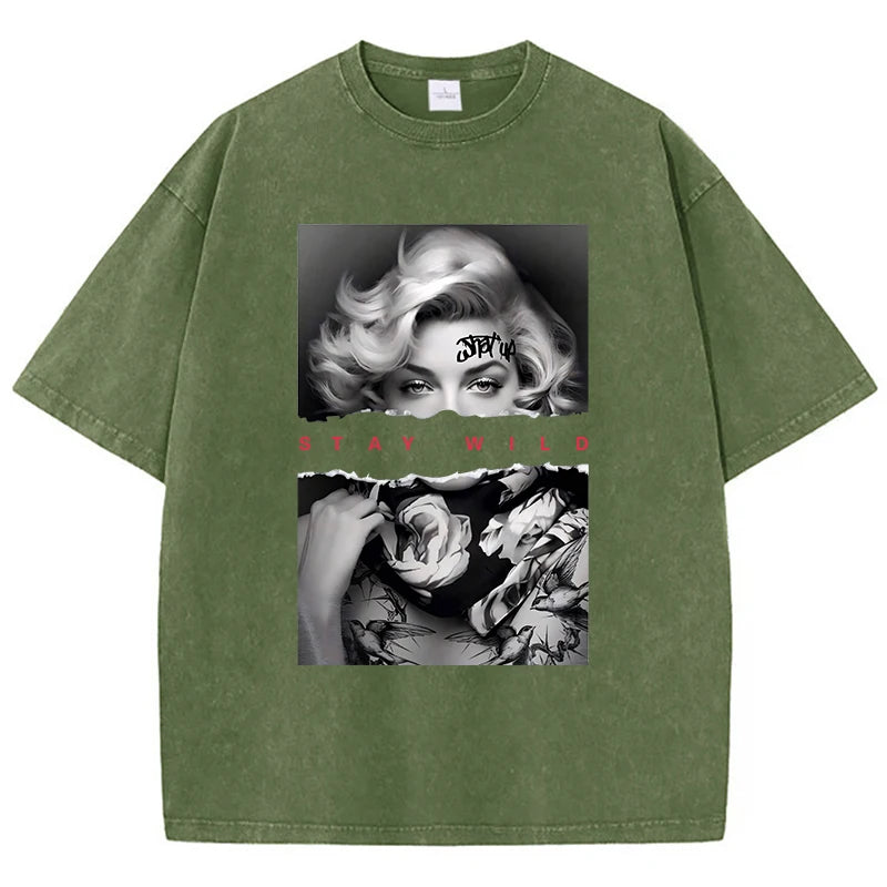 Woman Cotton Washed T-Shirts All-Math Loose O-Neck Short Sleeve European Style Fashion Portrait Print Tops Summer Female Clothes