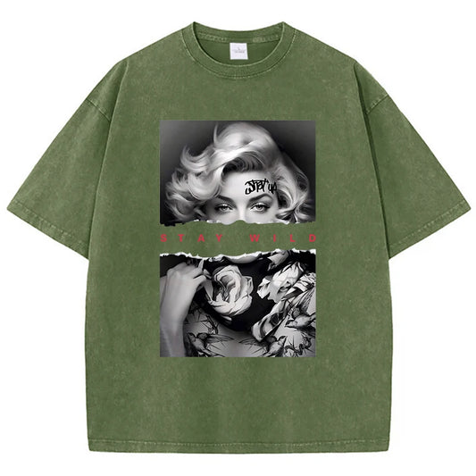Woman Cotton Washed T-Shirts All-Math Loose O-Neck Short Sleeve European Style Fashion Portrait Print Tops Summer Female Clothes